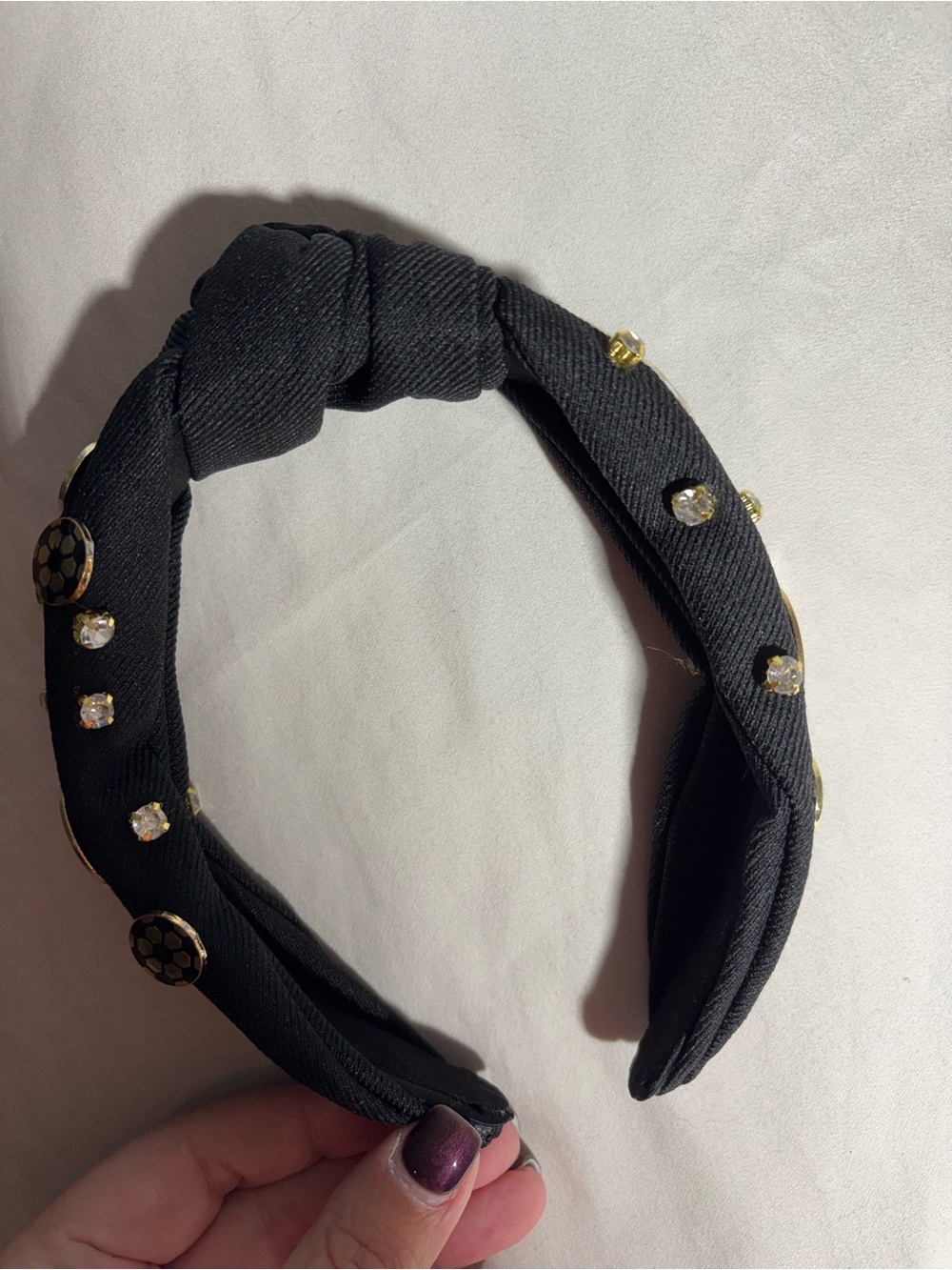 Black Knotted Girls' Headband with Gold Accents and Crystal Embellishments
